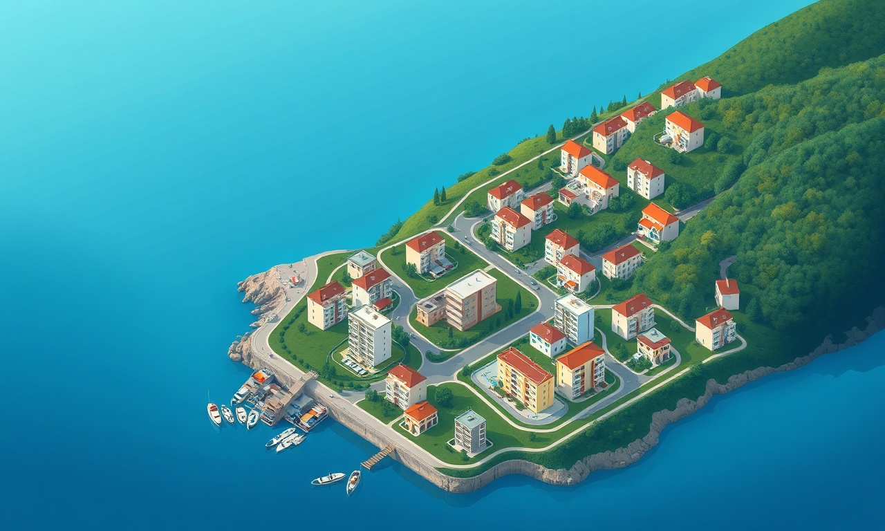 Cide ilçesinde Karadeniz kıyısı ve apartman silueti, lacivert-altın-krem renk paleti