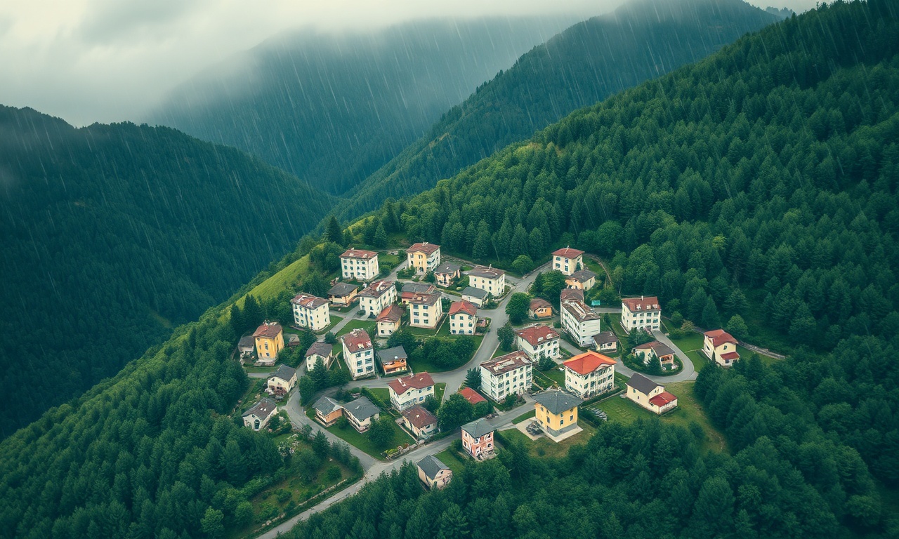 Kastamonu Daday ilçesinin ormanlık yamaçlar arasındaki konut dokusunu gösteren izometrik illüstrasyon