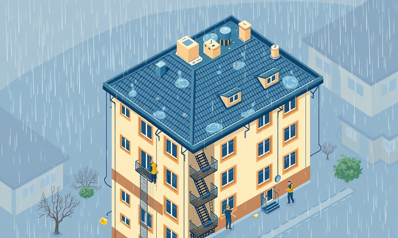 Doganyurt nemli Karadeniz ikliminde apartman bakımı çatı ve nem yalıtımı izometrik illüstrasyon