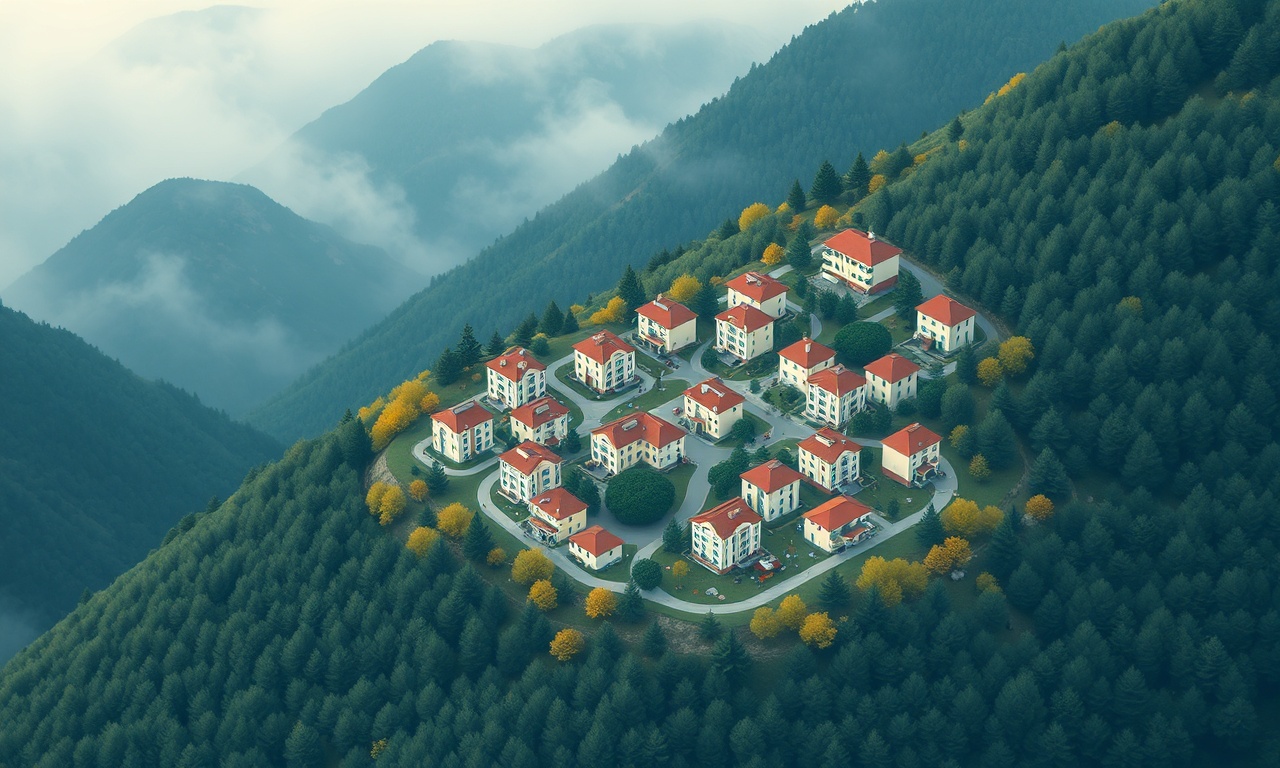 Kure ilçesi konut silueti, ormanlık eğimli arazi ve apartmanlar, lacivert-altın renk paleti