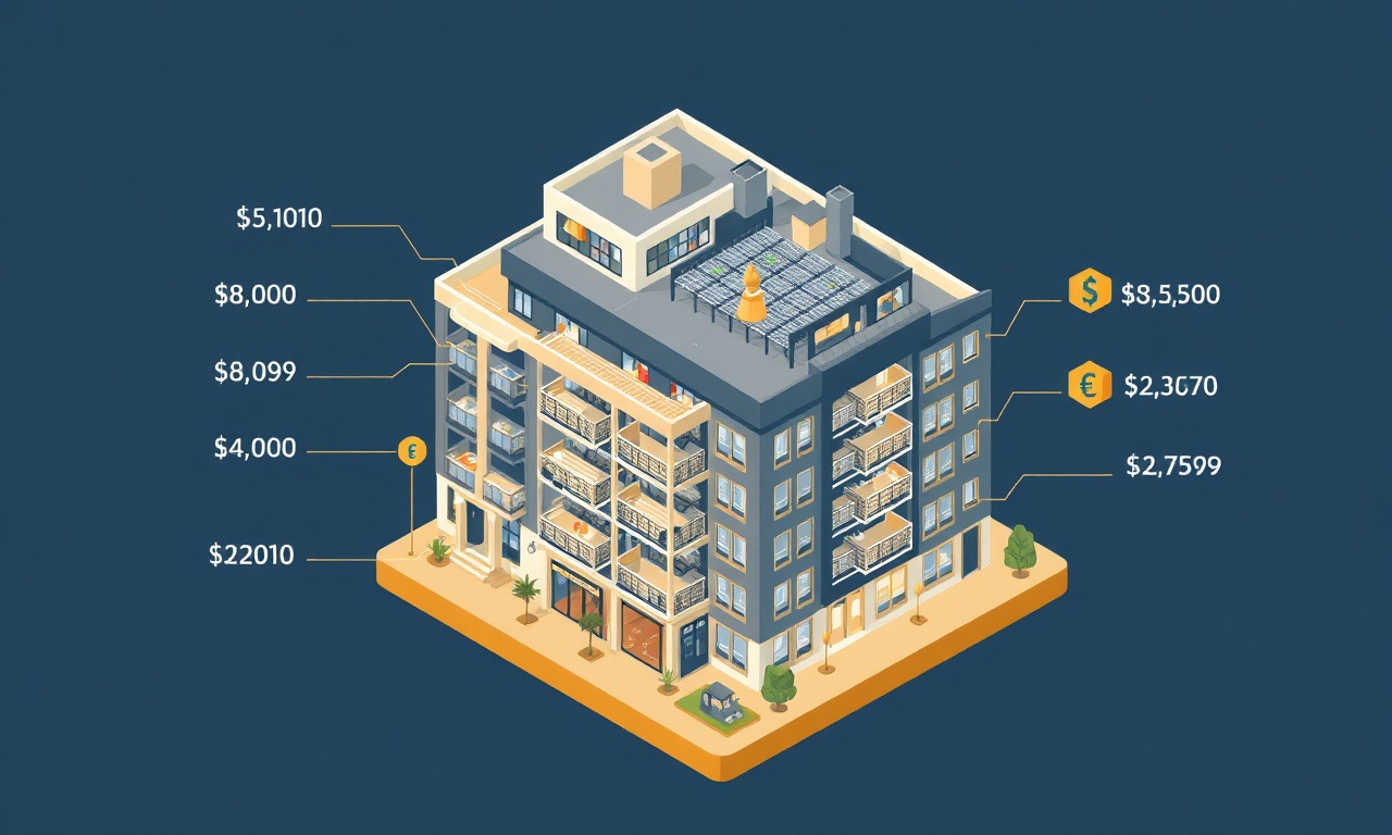 Apartman aidat maliyet bileşenlerini gösteren izometrik kesit ilustrasyon, lacivert altın renk paleti