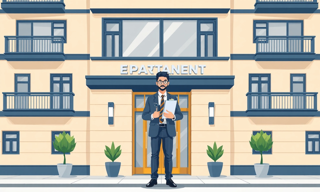 Bunyan'da yeni atanan site yöneticisi — apartman girişi ve devir-teslim simgesi