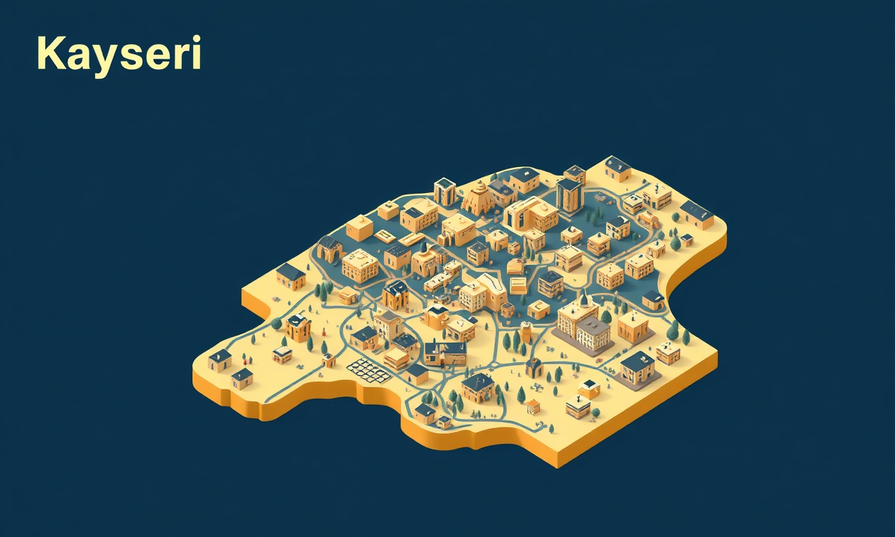 Kayseri ilçelerini kentsel ve kırsal konut kümeleri olarak gösteren izometrik harita görseli