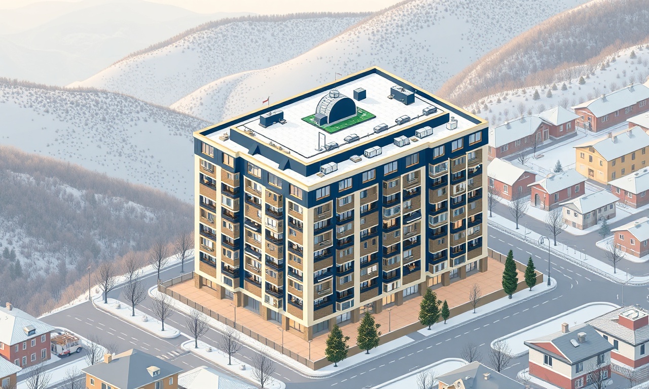 Baliseyh Kırıkkale'de karasal kış atmosferinde apartman bloğu izometrik illüstrasyon