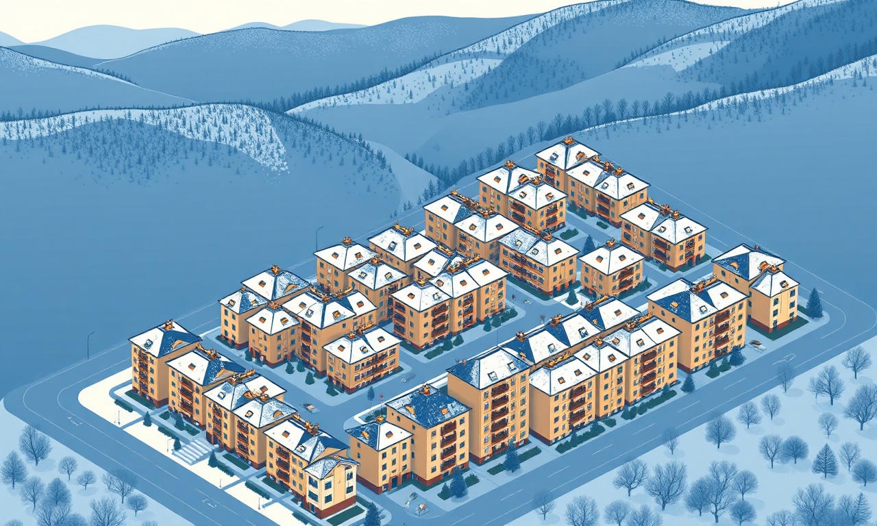 Celebi ilçesini temsil eden, karla kaplı çatılı apartman blokları ve İç Anadolu silueti içeren izometrik konut illüstrasyonu