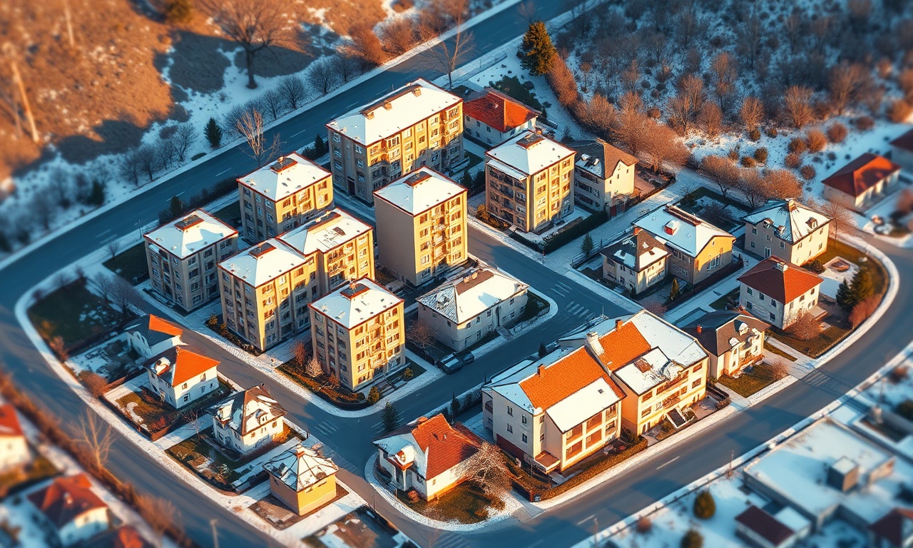 Karakecili ilçesinde karlı çatılı apartman binaları ve konutların izometrik illüstrasyonu, lacivert ve altın renk paleti