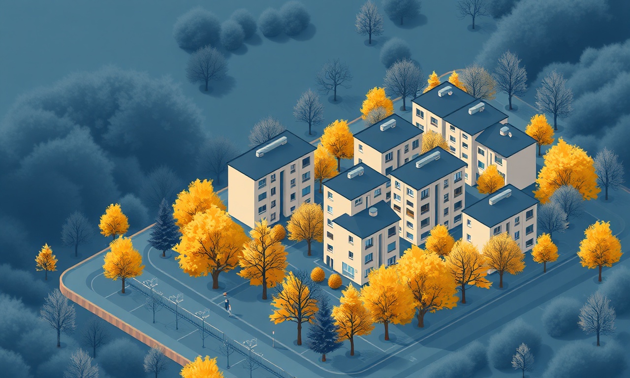 Trakya ilçe kasabası kış ısıtma sistemi apartman dokusu izometrik illüstrasyon