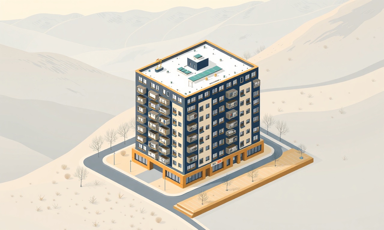 Mucur ilçesinde İç Anadolu manzarası önünde apartman binası izometrik illüstrasyon
