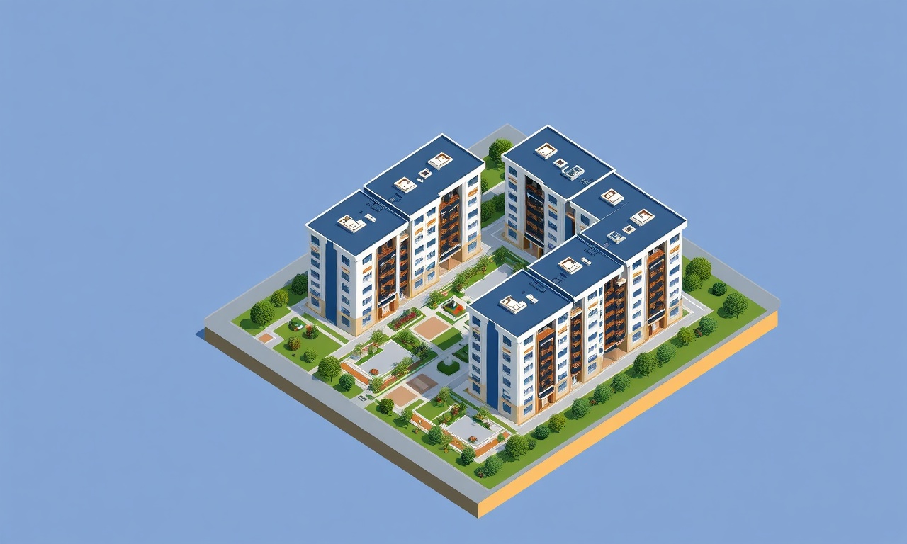 Basiskele, Kocaeli'de çok bloklu konut sitesi illüstrasyonu — lacivert ve altın tonları