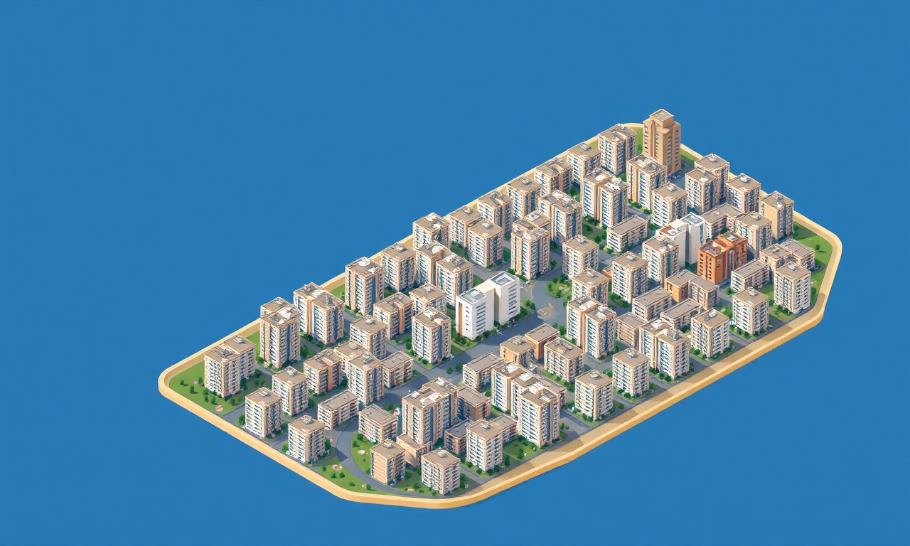 Darica Kocaeli kıyı konut silueti, çok katlı apartman ve site yapıları, lacivert ve altın tonda izometrik illüstrasyon