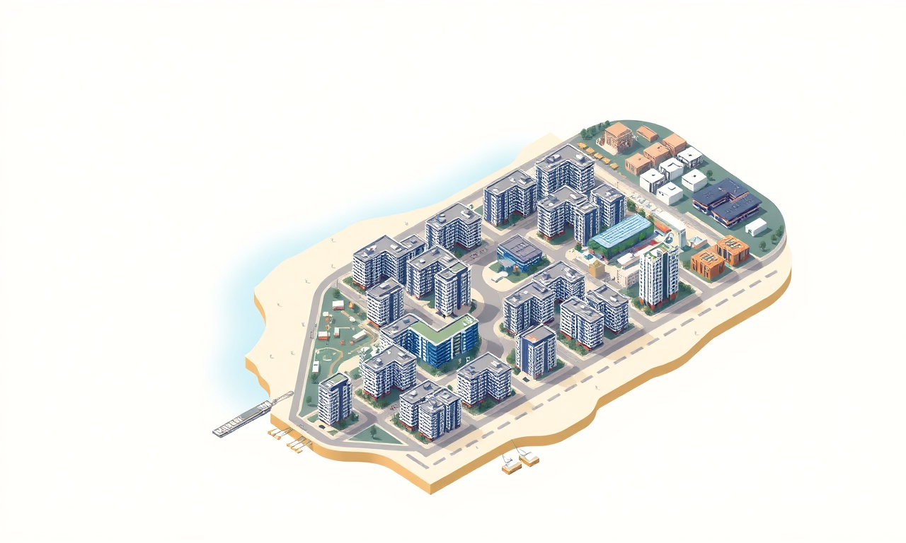 Golcuk Kocaeli kıyısında modern konut siteleri ve apartman blokları — lacivert ve altın tonda izometrik illüstrasyon