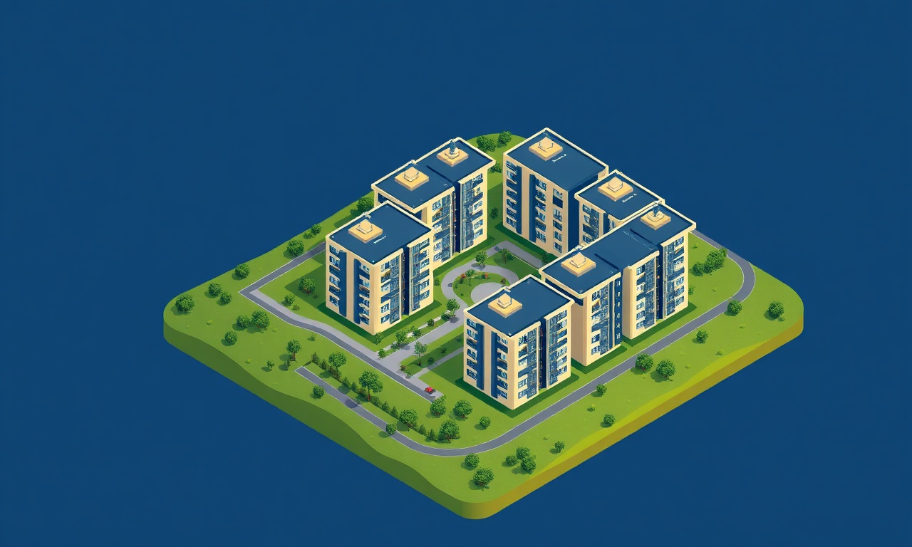 Kartepe Kocaeli'de çok katlı konut sitesi izometrik illüstrasyon, lacivert ve altın rengi