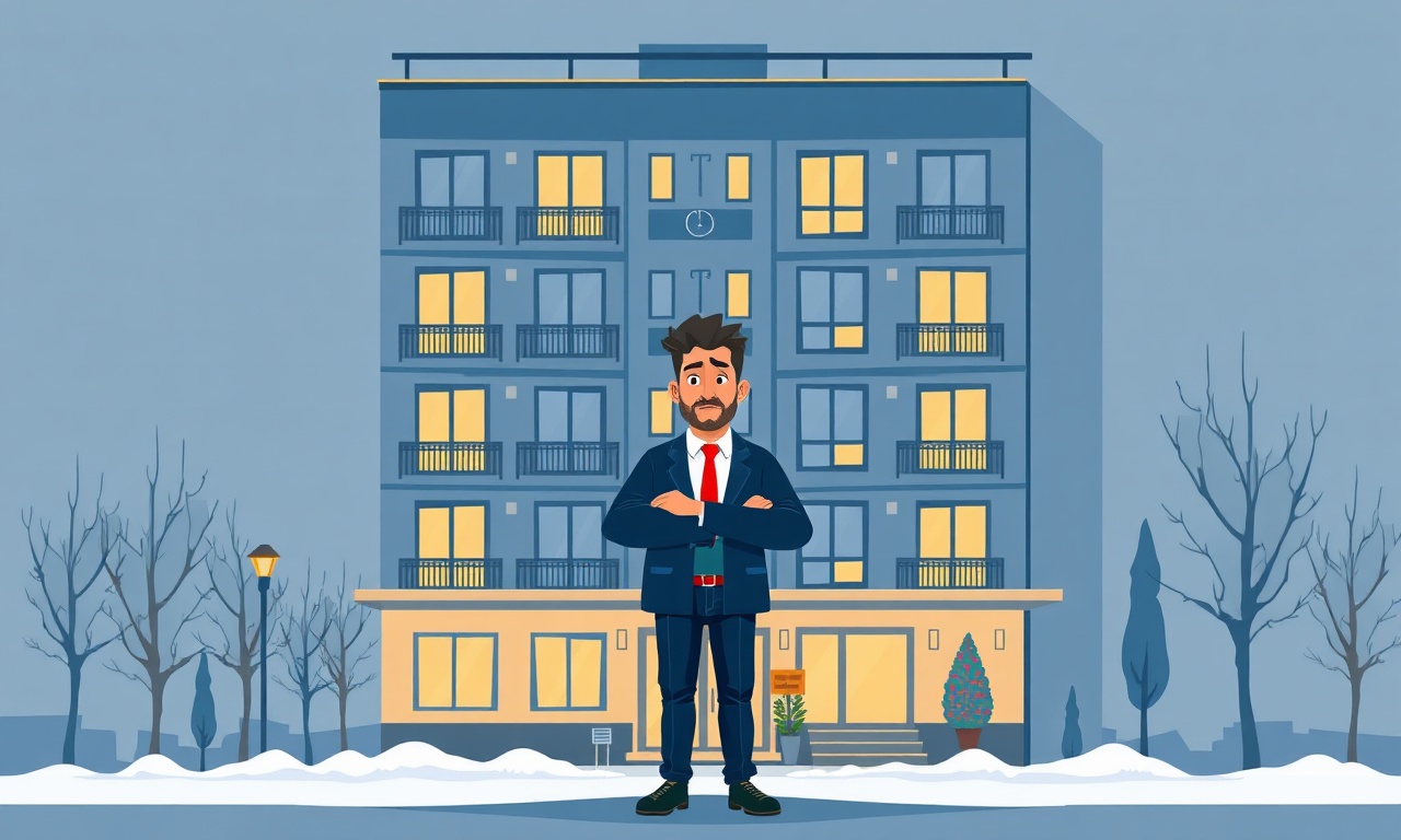 Ahirli'de yeni görevine başlayan site yöneticisi ve apartman binası, izometrik illüstrasyon