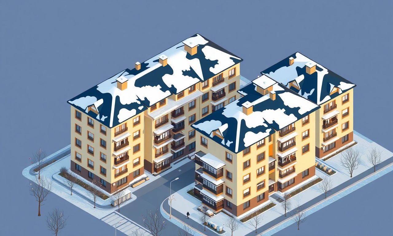 Karasal iklimde kış koşullarında Ahirli Konya apartmanları ve ısıtma yönetimi, izometrik illüstrasyon