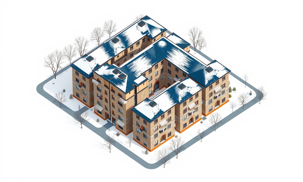 Aksehir ilçesinde kışın görünen apartman ve site kompleksi, lacivert-altın tonlarında izometrik çizim