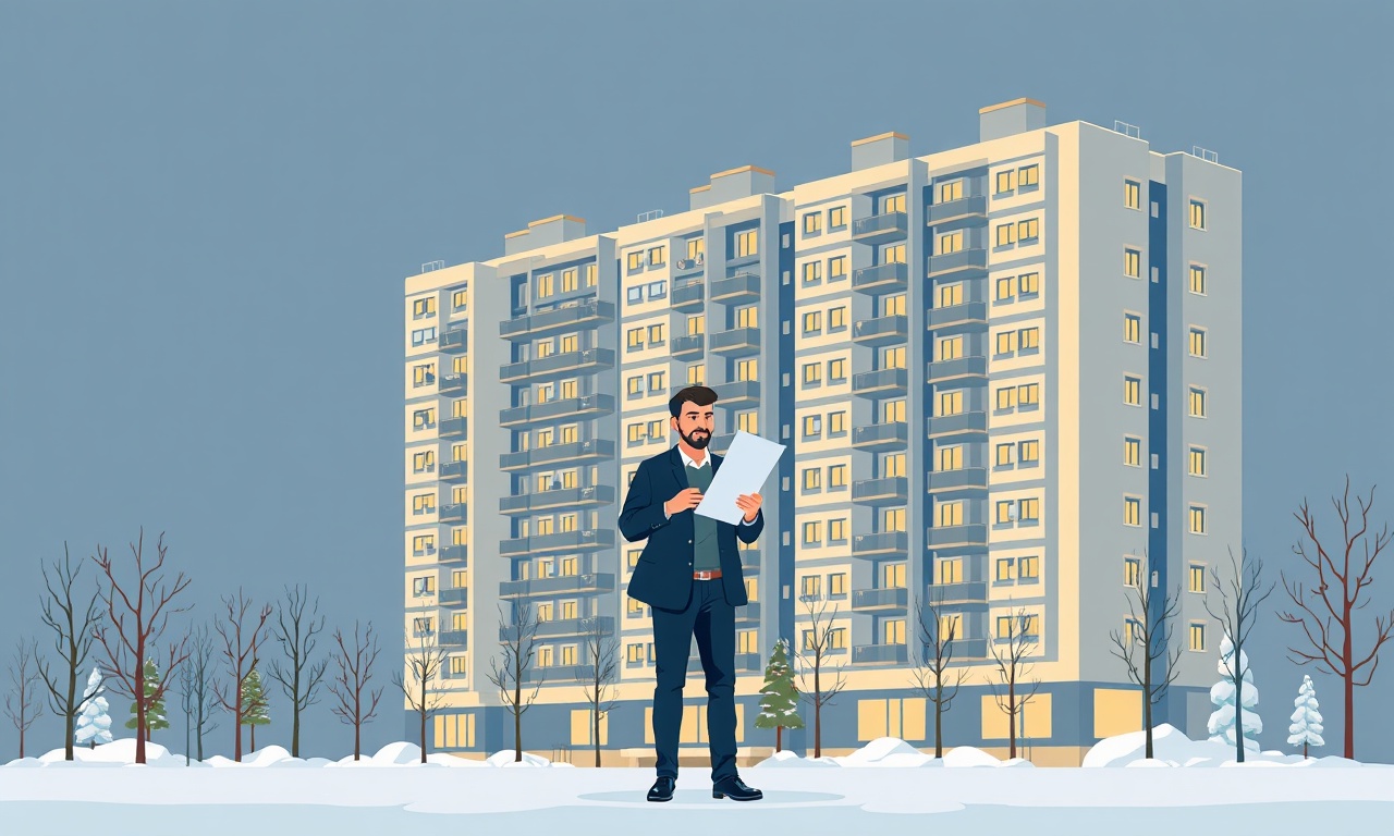 Aksehir'de yeni apartman yöneticisini temsil eden izometrik çizim, kış ortamında bina önü