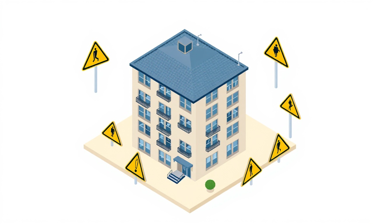 Yeni apartman yöneticilerinin sık yaptığı 7 hatayı simgeleyen izometrik uyarı illüstrasyonu