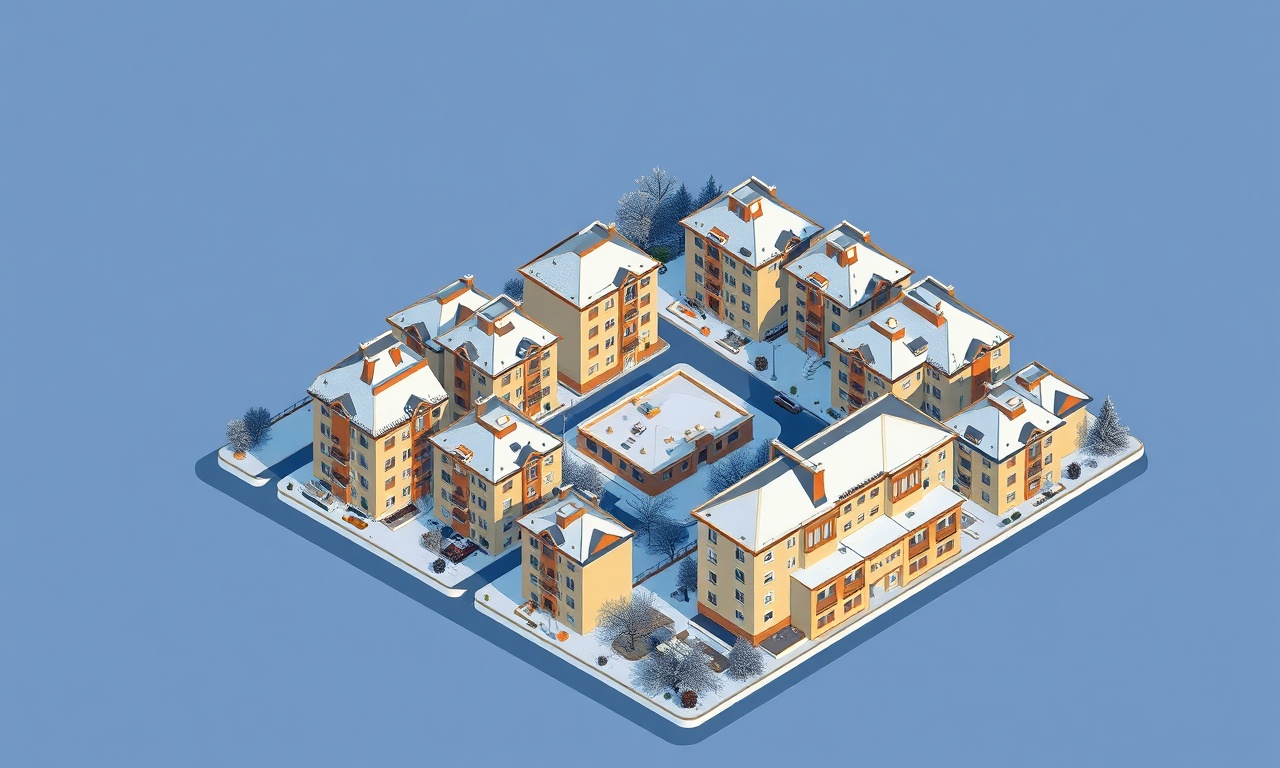 Beyhekim, Konya'da kışın apartman ve site kompleksinin izometrik çizimi, lacivert ve altın renk paleti