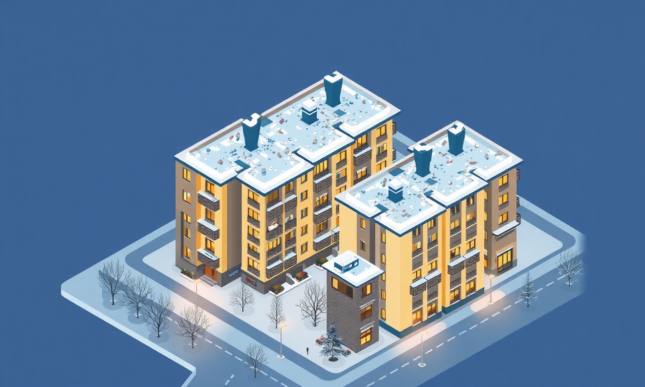 Beyhekim Konya'da kışın apartman binaları, ısıtma sezonu ve bakım planlaması, lacivert altın izometrik illüstrasyon