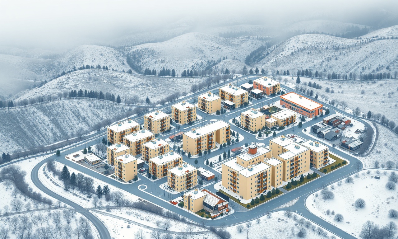 Derbent, Konya'da apartman ve site yapılaşmasını gösteren izometrik illüstrasyon, karasal iklim kış manzarası