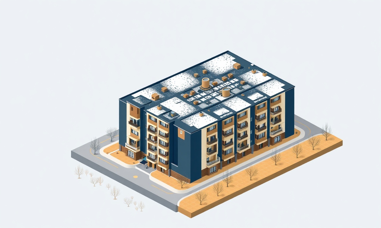 Emirgazi, Konya'da karasal iklim altında bir apartman sitesinin izometrik çizimi, lacivert ve altın renk paleti