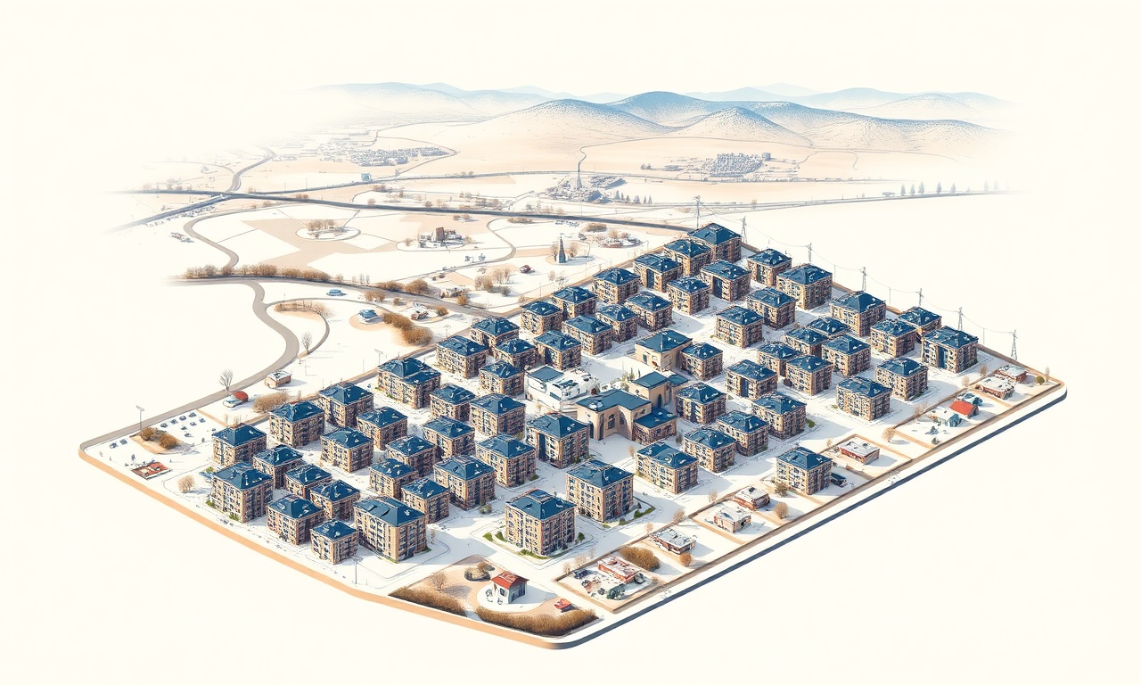 Eregli Konya konut silueti — apartman ve site binaları karasal manzara önünde izometrik illüstrasyon