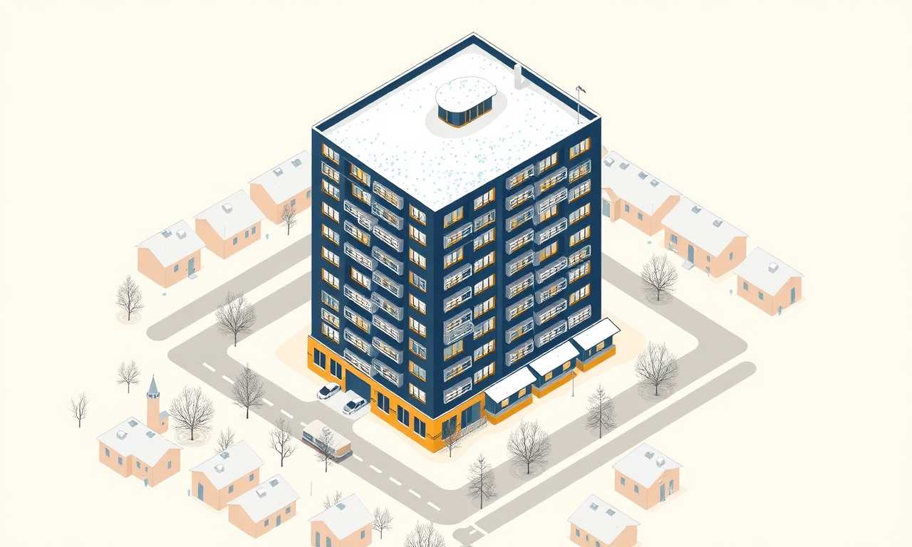 Ilgin'de kış mevsiminde bir apartman bloğunun izometrik illüstrasyonu, lacivert ve altın renk paleti