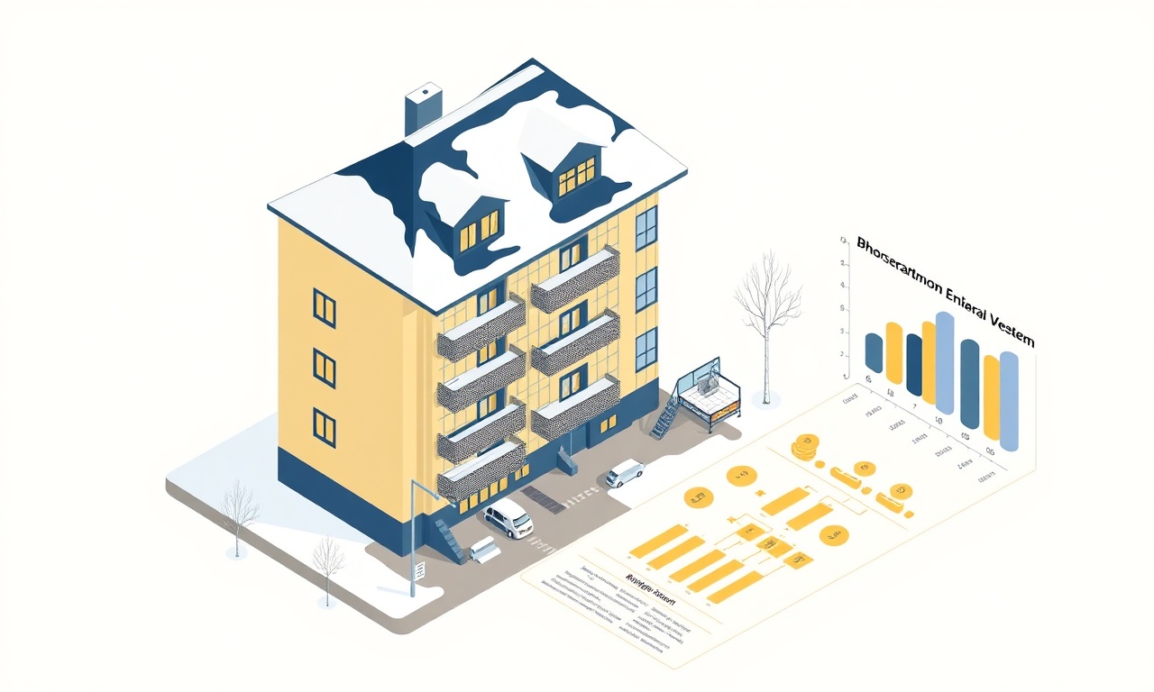Soğuk iklimde ısıtma bütçesi planlamasını gösteren izometrik apartman ve ısıtma sistemi illüstrasyonu