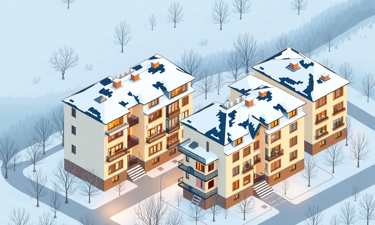 Kulu'nin karasal ikliminde kış aylarında ısıtma yönetimini gösteren izometrik apartman illüstrasyonu