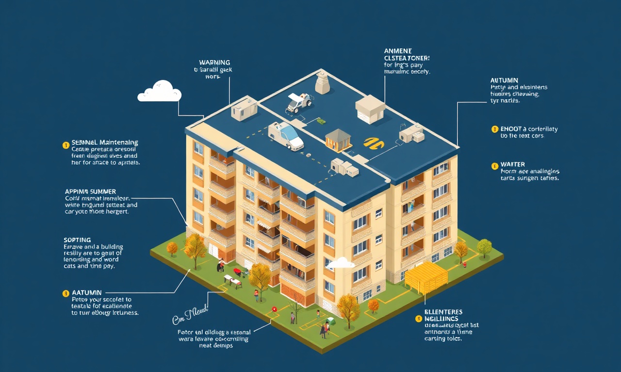 Altintas Kütahya bölgesi için mevsimlik apartman bakım takviminin izometrik illüstrasyonu