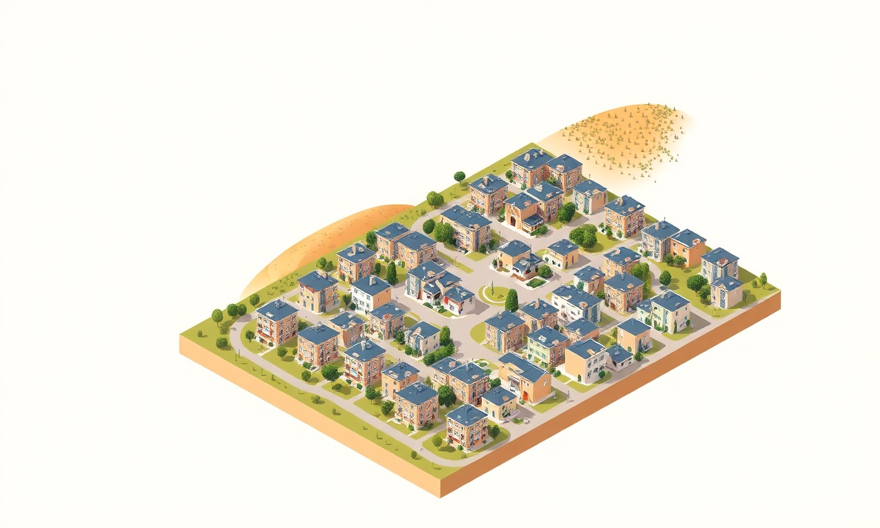 Domanic, Kütahya'da apartman ve site yönetimini temsil eden izometrik konut illüstrasyonu