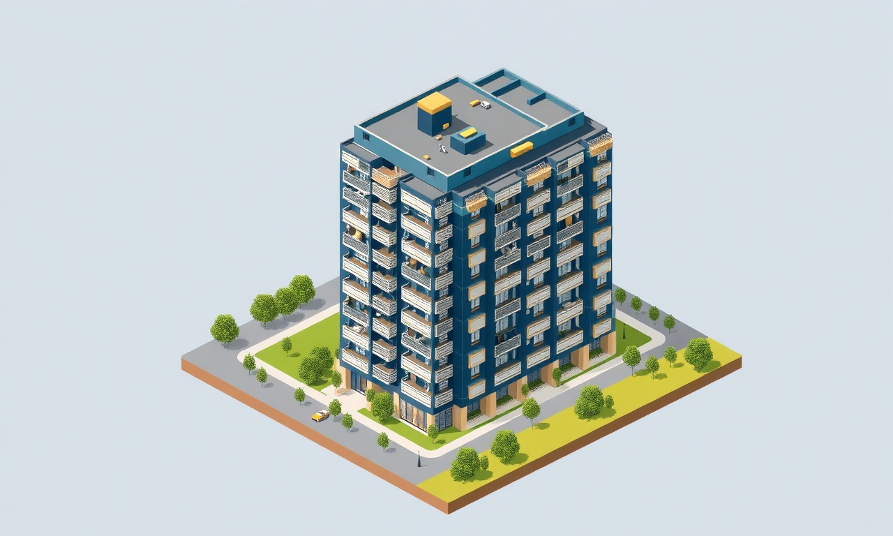 Hisarcik Kütahya'da bir apartman bloğunun izometrik çizimi, lacivert ve altın renk paleti