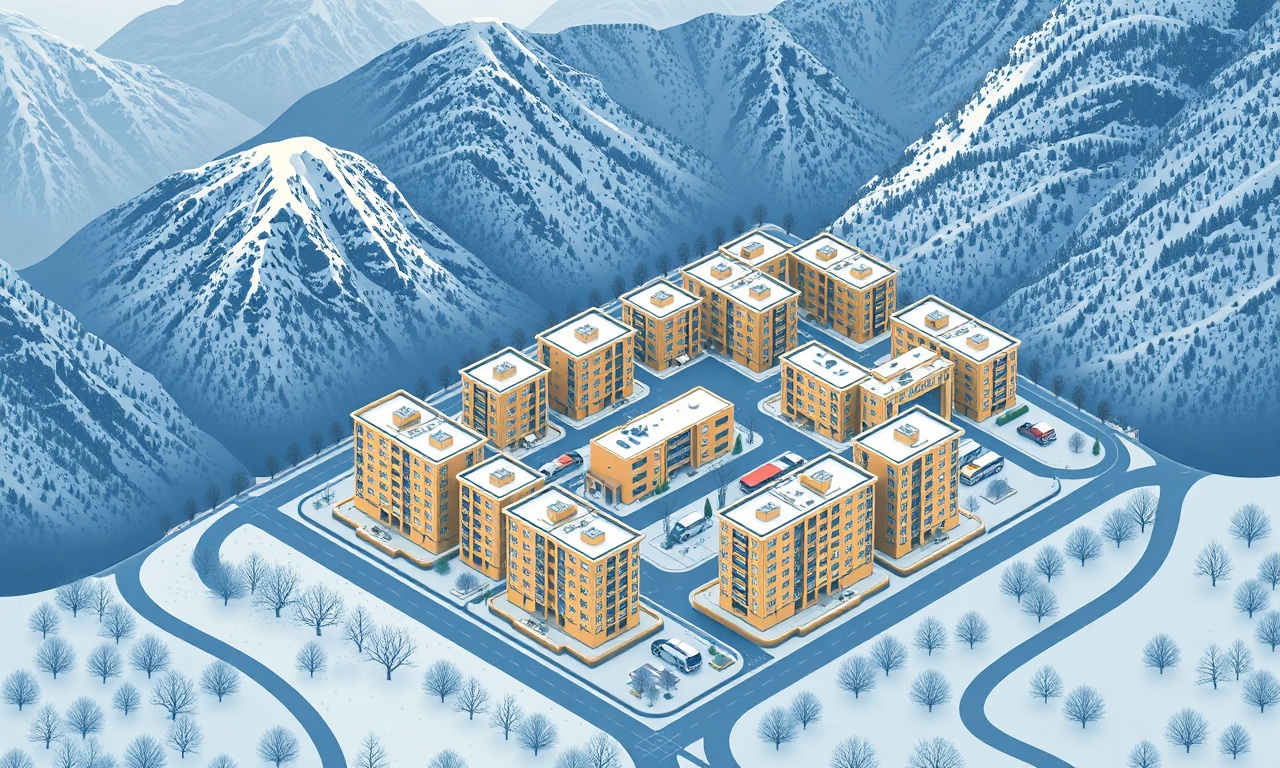 Akcadag Malatya'da apartman bloklarının izometrik illüstrasyonu, lacivert ve altın renk paleti