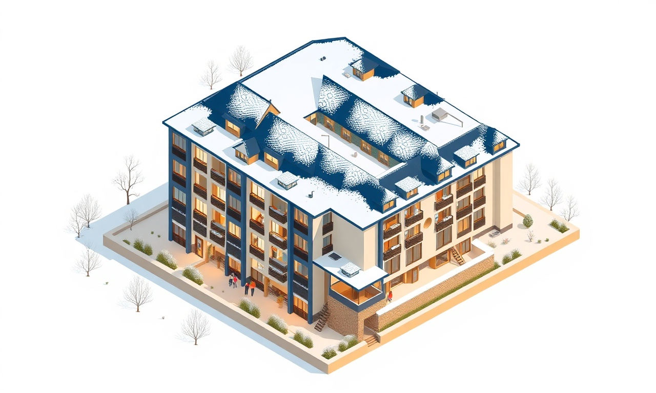 Arapgir Malatya'da kışın kar altındaki apartman bloğunun izometrik mimari illüstrasyonu, lacivert ve altın renk paleti