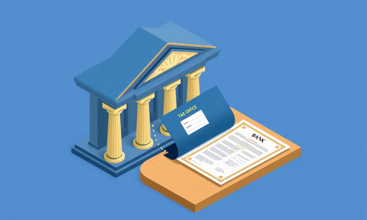 Site banka hesabı açma ve vergi numarası alma sürecini temsil eden resmi belgeler ve banka illüstrasyonu