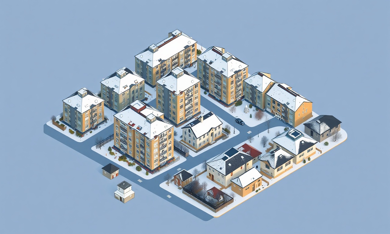 Yesilyurt, Malatya'da kışın kar altındaki apartman bloklarının izometrik görünümü