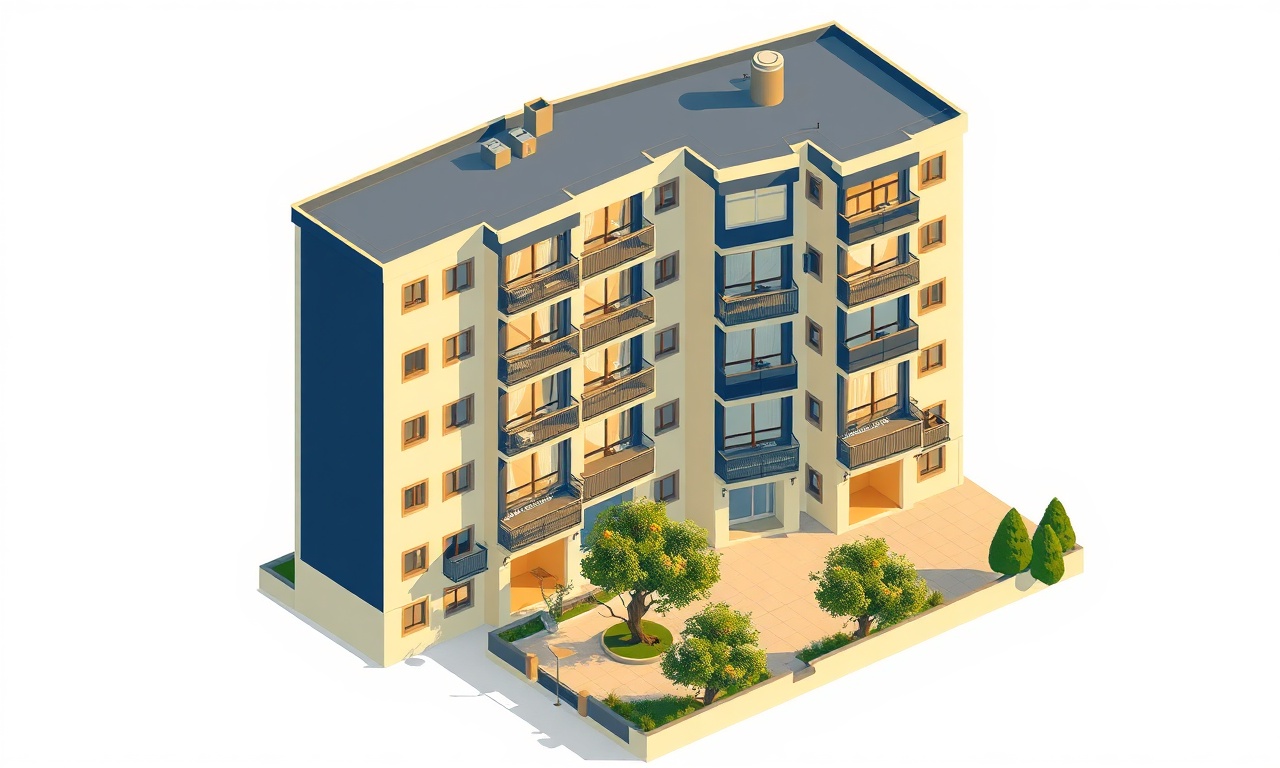 Ahmetli Manisa'da bir apartman ve site kompleksinin izometrik illüstrasyonu, lacivert ve altın tonları