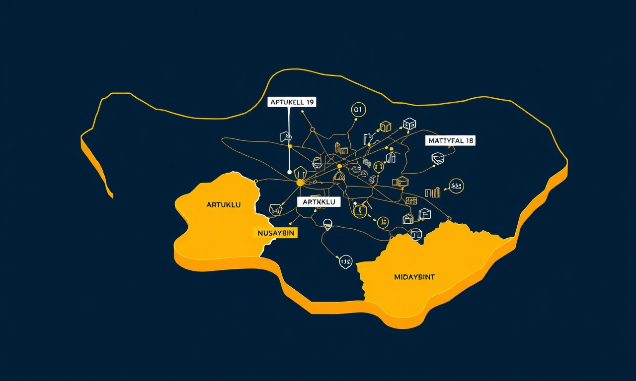 Mardin ilçelerini ve Kiziltepe çevresindeki site yönetimi ağını gösteren izometrik illüstrasyon