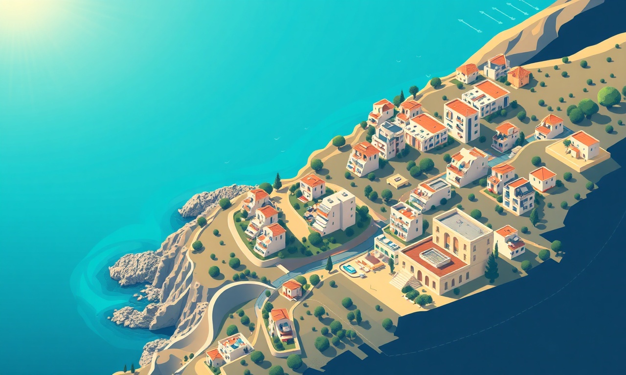 Aydincik Mersin sahil ilçesi konut ve site silueti izometrik illüstrasyon, lacivert ve altın renk paleti