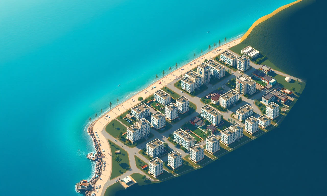 Bozyazi Mersin sahil konut silueti, lacivert ve altın renk paleti, izometrik illüstrasyon
