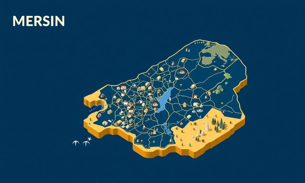 Mersin ilçeleri küme haritası illüstrasyonu, lacivert altın renk paleti, Akdeniz manzarası