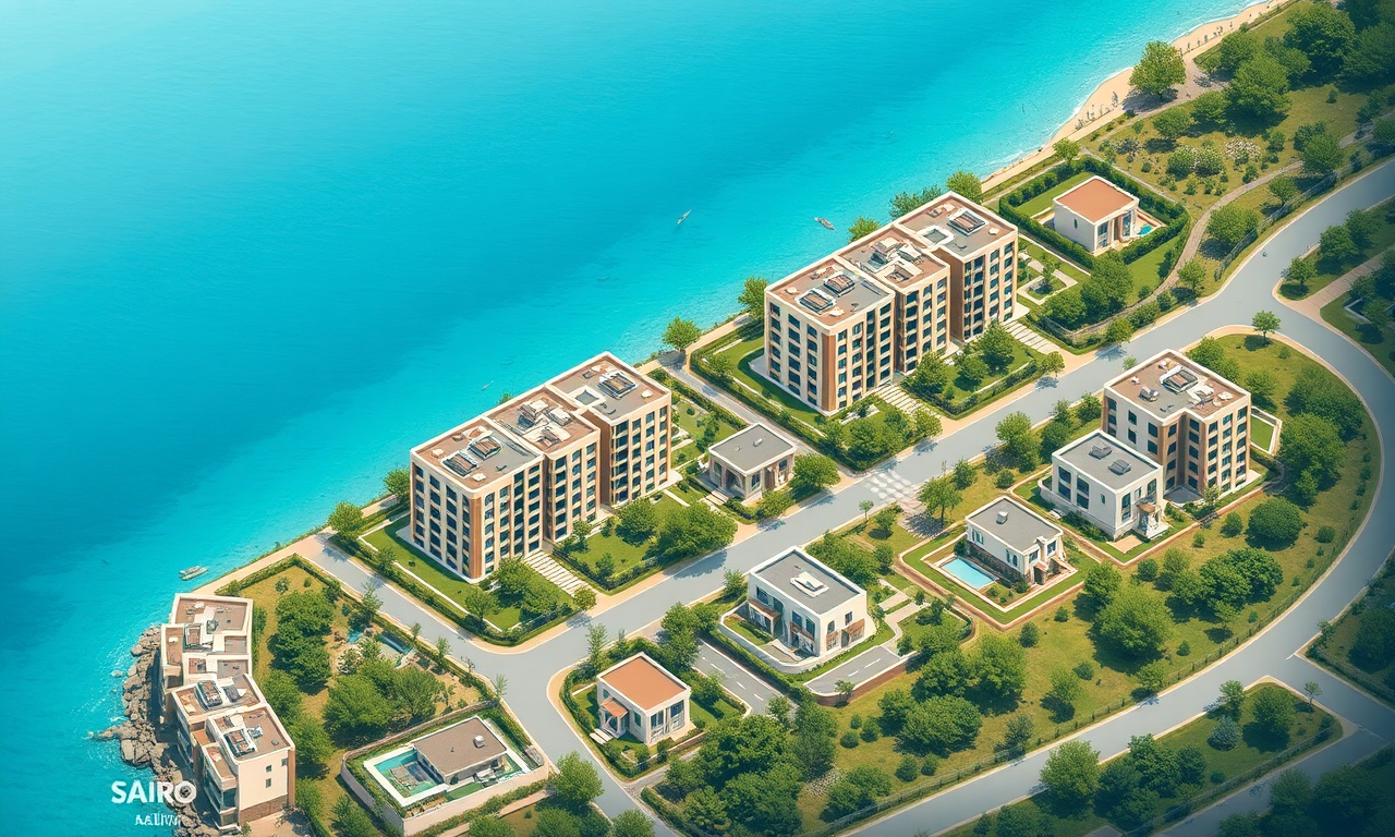 Gulnar Mersin kıyısında apartman ve site yapıları, Akdeniz manzaralı izometrik illüstrasyon