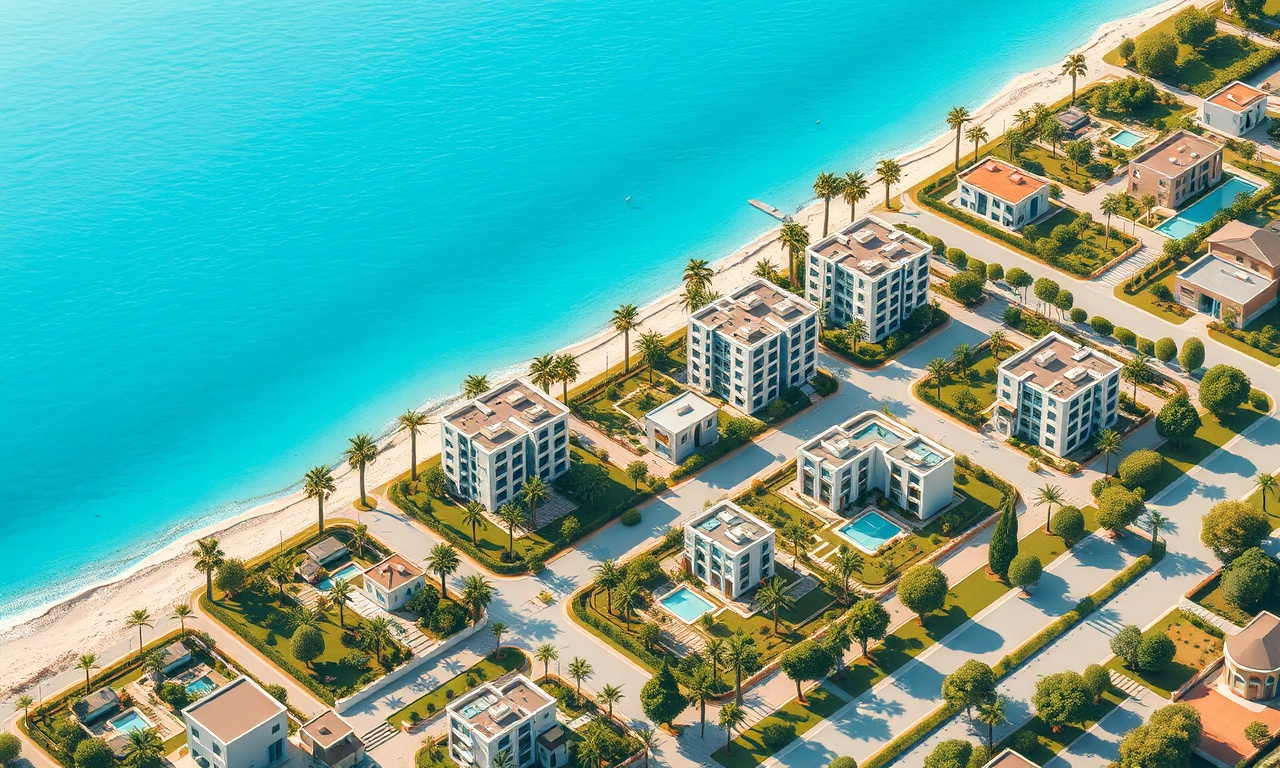 Mezitli, Mersin'de modern sahil konut silueti — izometrik illüstrasyon