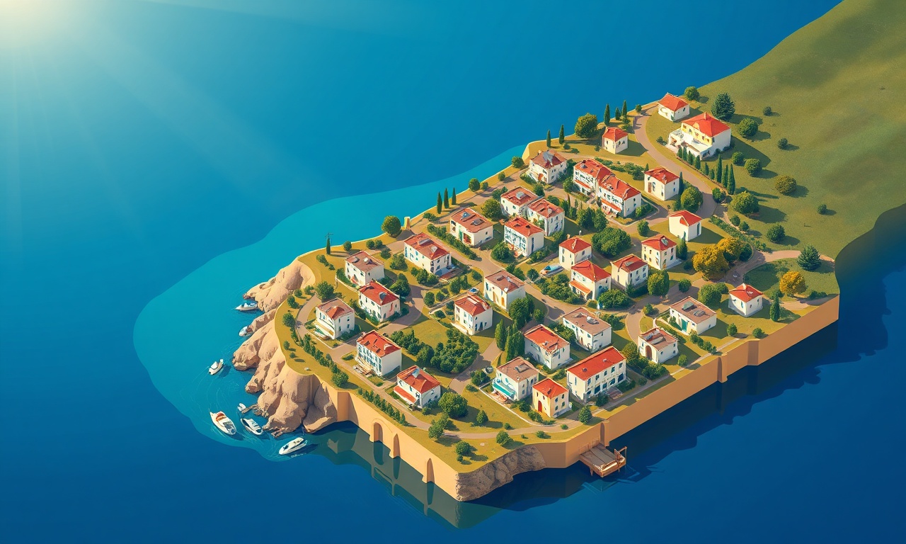 Mut ilçesine ait tipik Akdeniz konut dokusu — alçak apartman blokları ve zeytinliklerle çevrili izometrik illüstrasyon