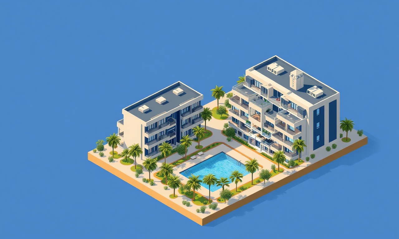 Silifke Mersin'de deniz kenarı konut kompleksi çizimi, site yönetimi temalı izometrik illüstrasyon