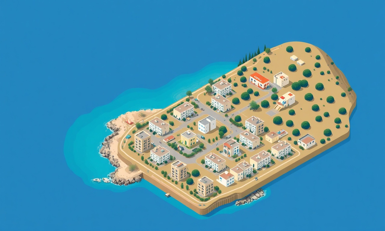Datca Muğla kıyısında site ve apartman topluluklarının izometrik çizimi, lacivert ve altın renkler