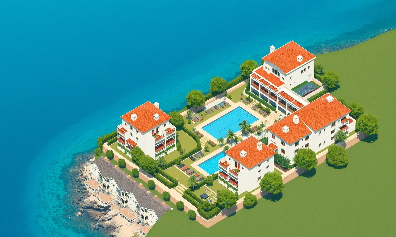 Fethiye'de kıyıya yakın bir sitenin izometrik çizimi, lacivert-altın-krem renk paleti