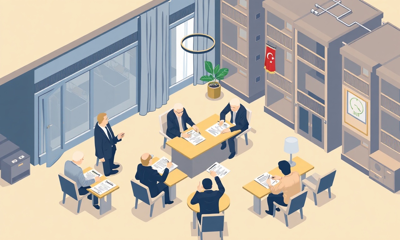 Fethiye apartmanında genel kurul toplantısı ve karar defteri sürecini gösteren izometrik illüstrasyon
