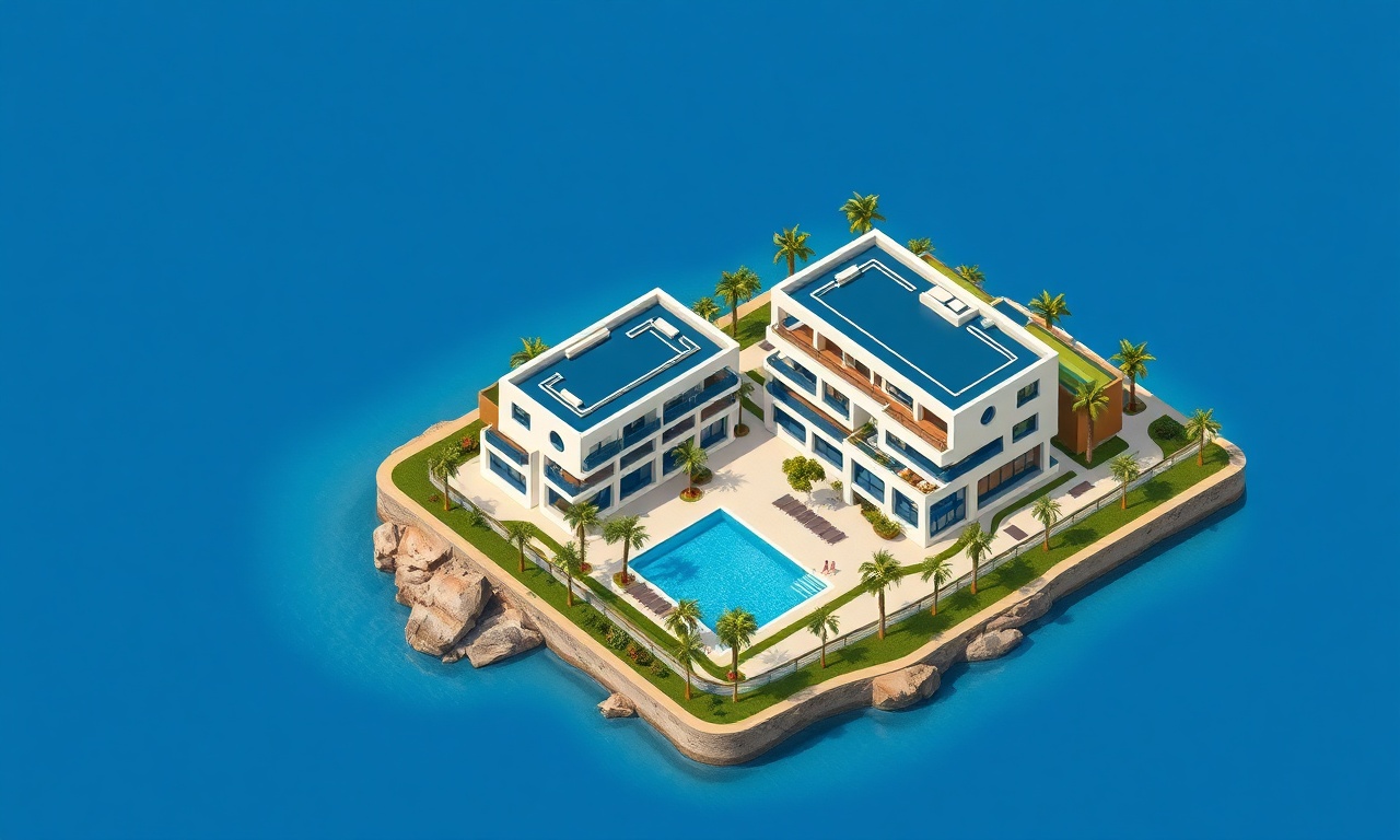 Ortaca Muğla kıyısında modern bir konut sitesinin izometrik çizimi, lacivert ve altın renk paleti