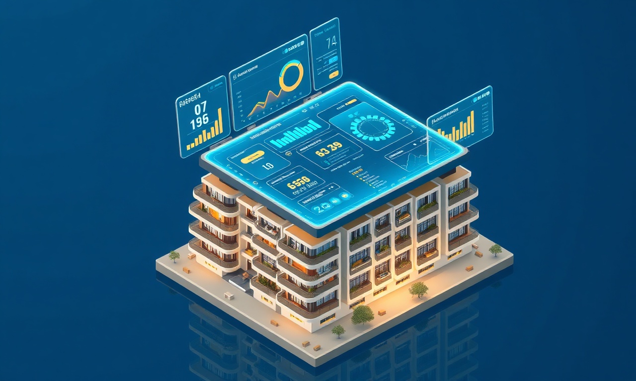 SiteYönetim AI panosunun kıyı apartman kompleksi üzerinde izometrik holografik illüstrasyonu